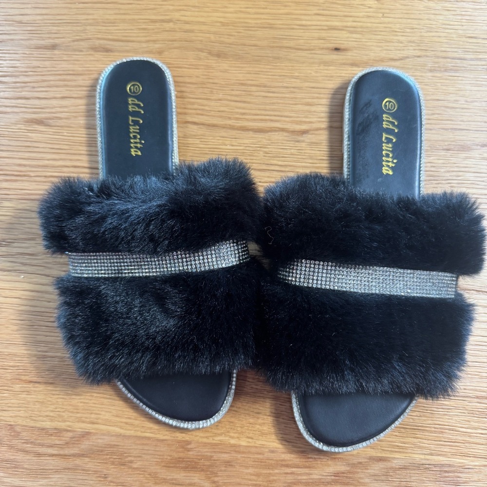 dd Lucita Sarah-008 Black Faux Fur Rhinestone Slide Sandals Womens 10 Flat